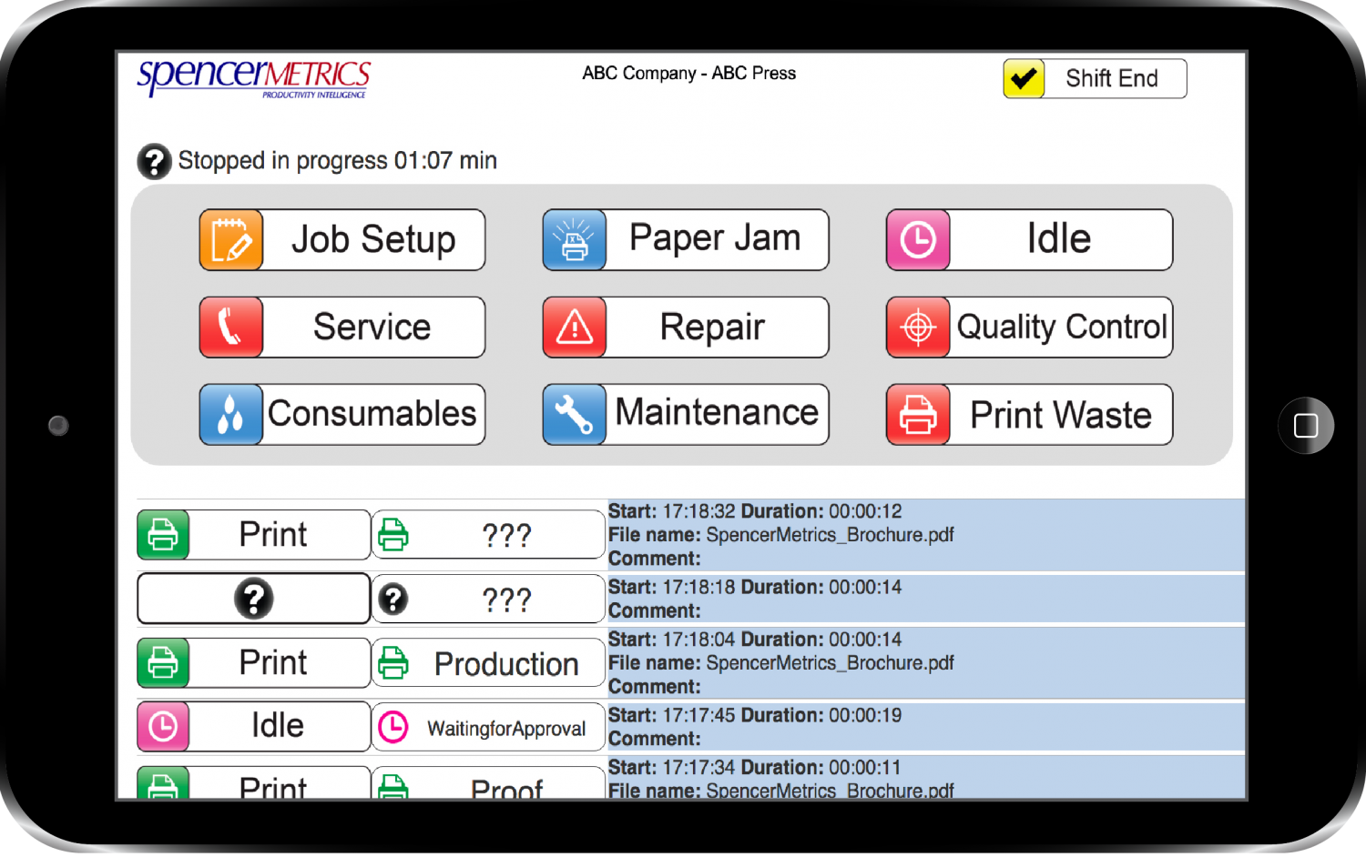 SpencerMetrics operator view of data collection on iPad